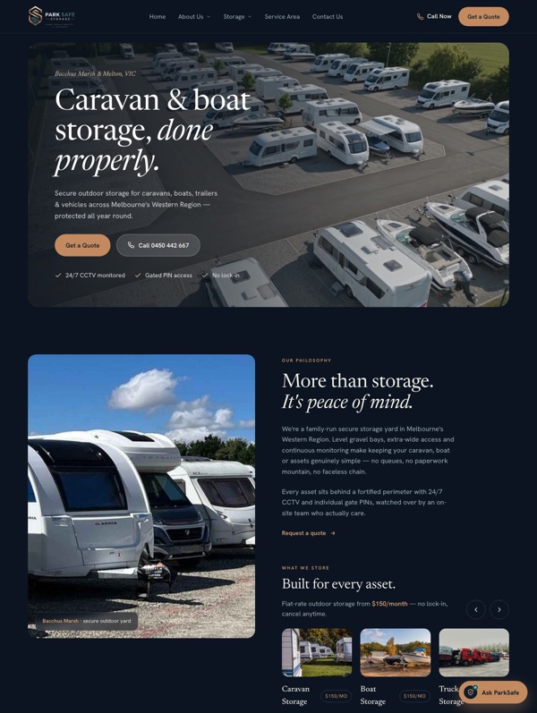 Park Safe Storage website on mobile