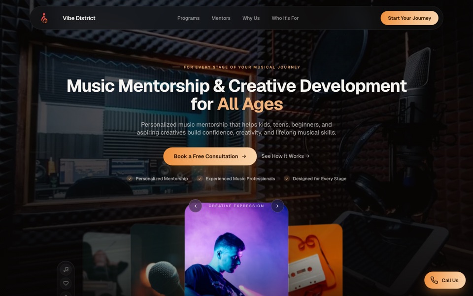 Vibe District music-mentorship landing page